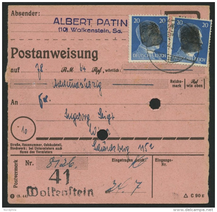 SÄCHSISCHE SCHWÄRZUNGEN AP 791I BRIEF, WOLKENSTEIN, 20 Pf. (2x) Auf Postanweisung, Pracht - Autres & Non Classés