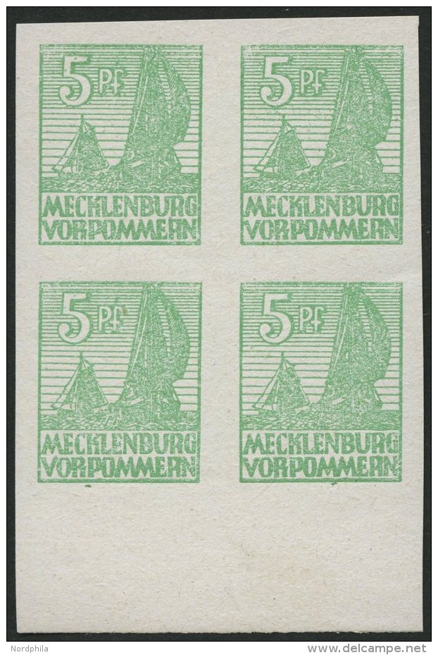 MECKLENBURG-VORPOMMERN 32xb VB **, 1946, 5 Pf. Mittelgrün, Kreidepapier, Im Viererblock Vom Unterrand, Pracht, Gepr - Autres & Non Classés