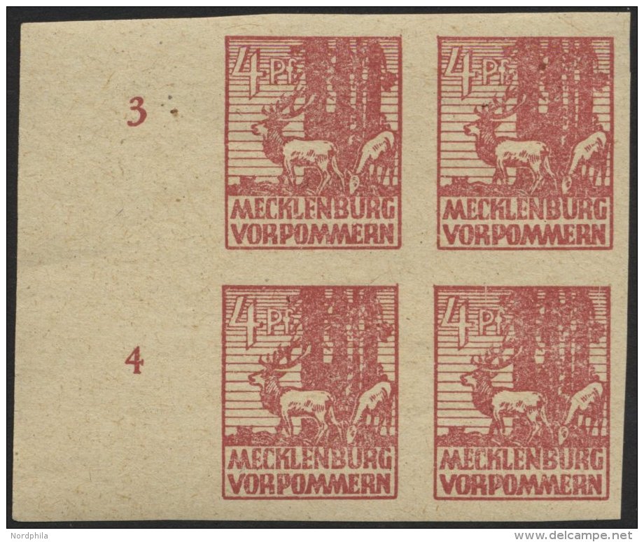 MECKLENBURG-VORPOMMERN 31yb VB **, 1946, 4 Pf. Lebhaftkarminbraun Im Randviererblock, Pracht, Fotoattest Kramp, Mi. (200 - Autres & Non Classés