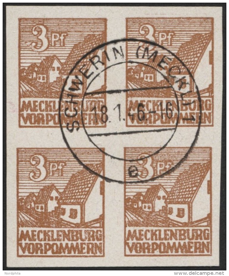 MECKLENBURG-VORPOMMERN 29xa VB O, 1946, 3 Pf. Lebhaftorangebraun, Kreidepapier, Im Zentrisch Gestempelten Viererblock, P - Autres & Non Classés