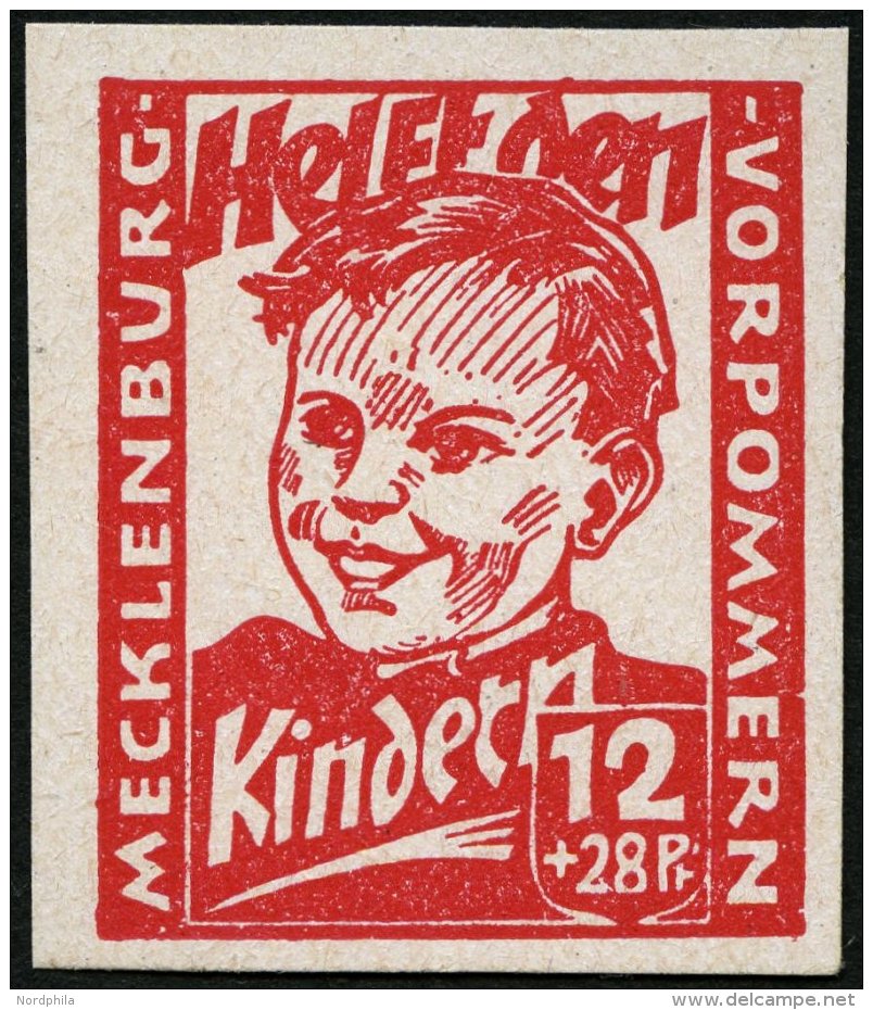 MECKLENBURG-VORPOMMERN 28bU **, 1945, 12 Pf. Dunkelrosa Kinderhilfe, Ungezähnt, Deutlicher Abklatsch, Pracht, Gepr. - Autres & Non Classés