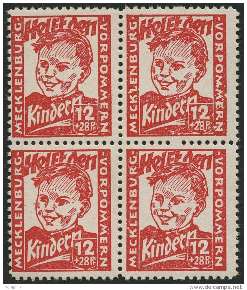 MECKLENBURG-VORPOMMERN 28b VB **, 1945, 12 Pf. Dunkelrosa Kinderhilfe Im Viererblock, Pracht, Gepr. Kramp, Mi. 320.- - Autres & Non Classés