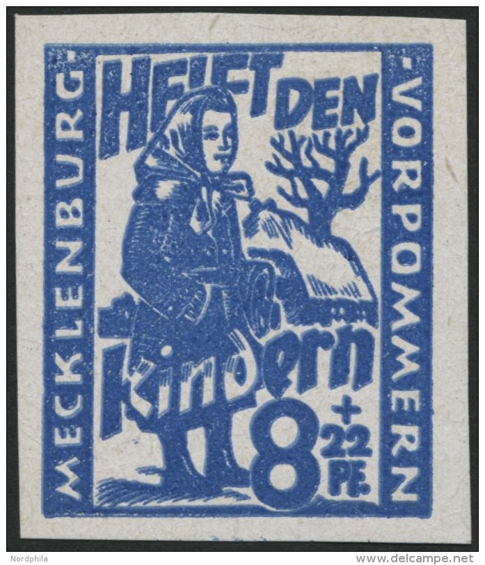 MECKLENBURG-VORPOMMERN 27aDDU **, 1945, 8 Pf. Hellultramarin Kinderhilfe, Doppeldruck, Ungezähnt, Pracht, Gepr. U.a - Autres & Non Classés