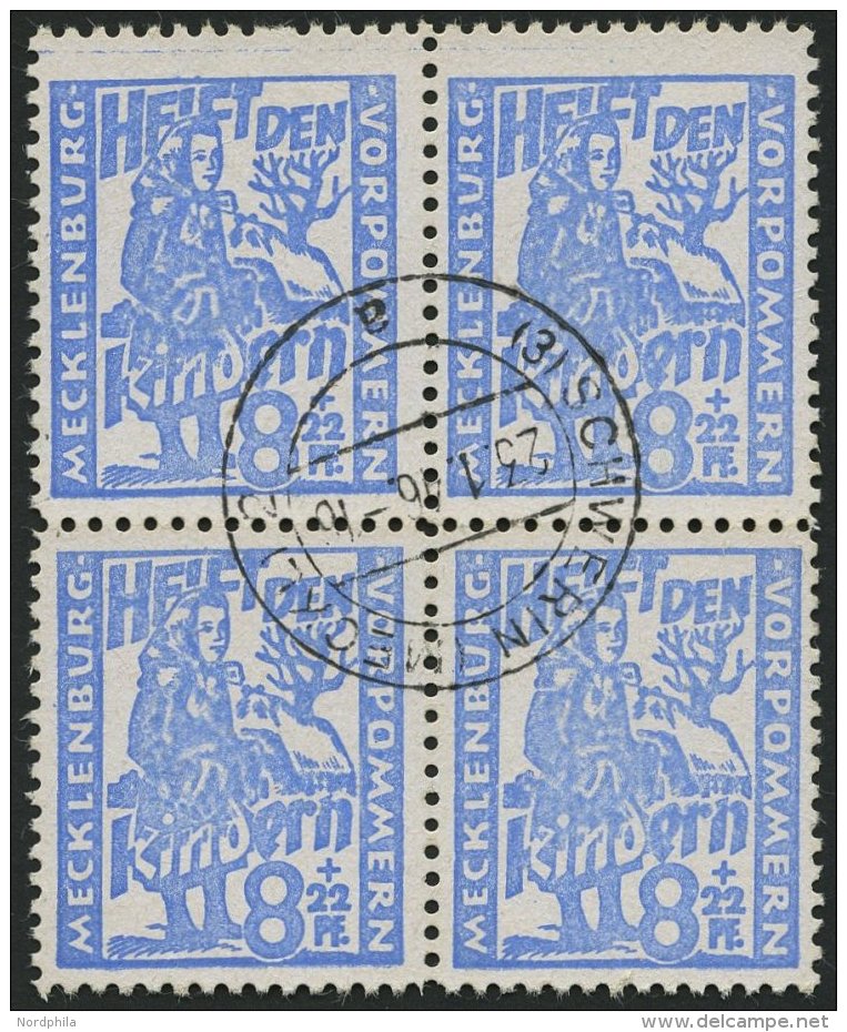 MECKLENBURG-VORPOMMERN 27a VB O, 1945, 8 Pf. Hellultramarin Kinderhilfe Im Zentrisch Gestempelten Viererblock, Pracht, G - Autres & Non Classés