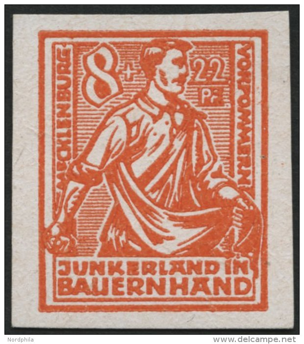 MECKLENBURG-VORPOMMERN 24PIU *, 1945, Probedruck: 8 Pf. Lebhaftorange, Gestrichenes Papier, Ungezähnt, Falzrest, Pr - Altri & Non Classificati