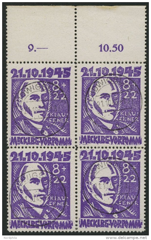 MECKLENBURG-VORPOMMERN 21 VB O, 1945, 8 Pf. Faschismus Im Oberrandviererblock, Dabei Plattenfehler 21VI Auf Feld 17, Pra - Autres & Non Classés