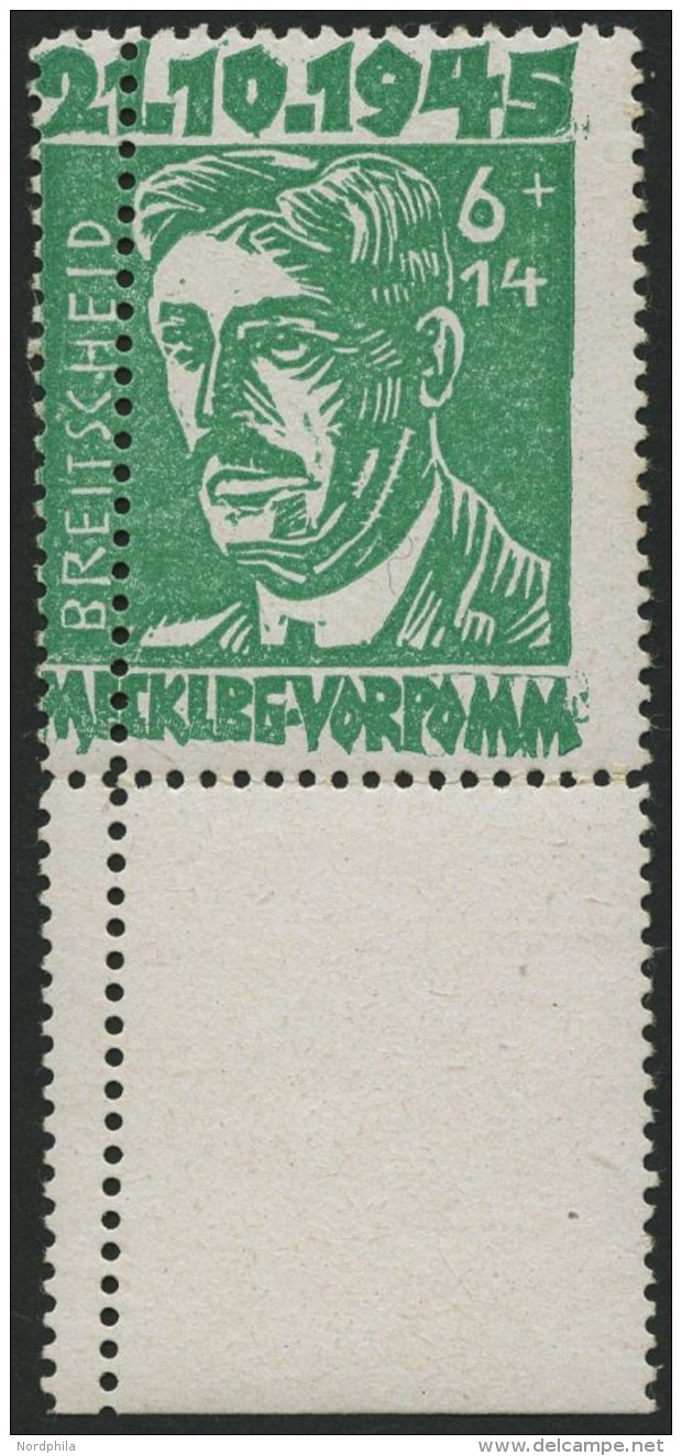 MECKLENBURG-VORPOMMERN 20a **, 1945, 6 Pf. Hellgrün Faschismus Mit Senkrechter Doppelzähnung, Unterrandst&uuml - Autres & Non Classés