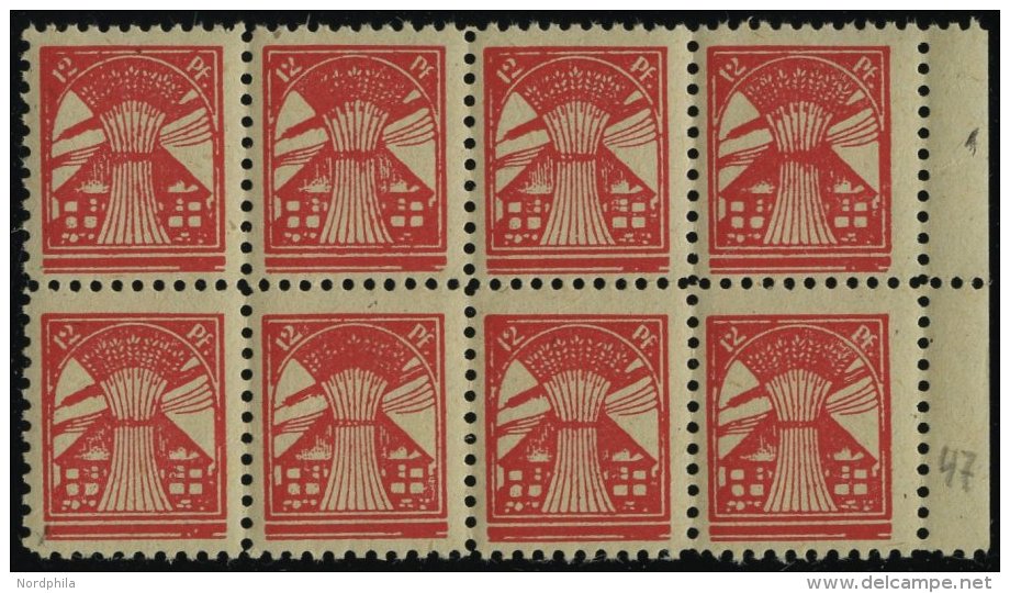 MECKLENBURG-VORPOMMERN 18bPFIV **, 1945, 12 Pf. Rosa Im Achterblock, Dabei Feld 47 Mit Plattenfehler, Leichter Diagonale - Autres & Non Classés