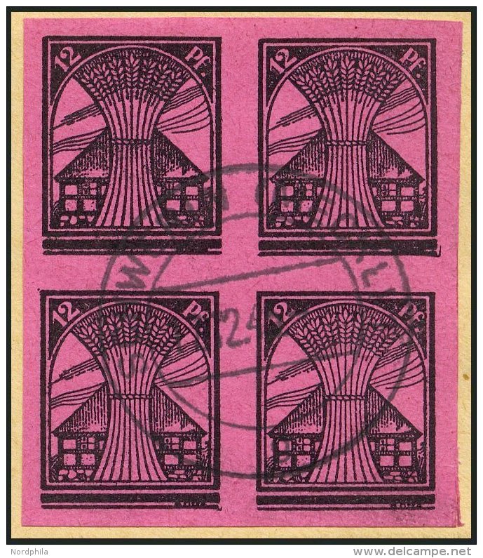 MECKLENBURG-VORPOMMERN 16U VB BrfStk, 1945, 12 Pf. Schwarz Auf Lilarosa, Ungezähnt Im Viererblock, Zentrisch Gestem - Autres & Non Classés