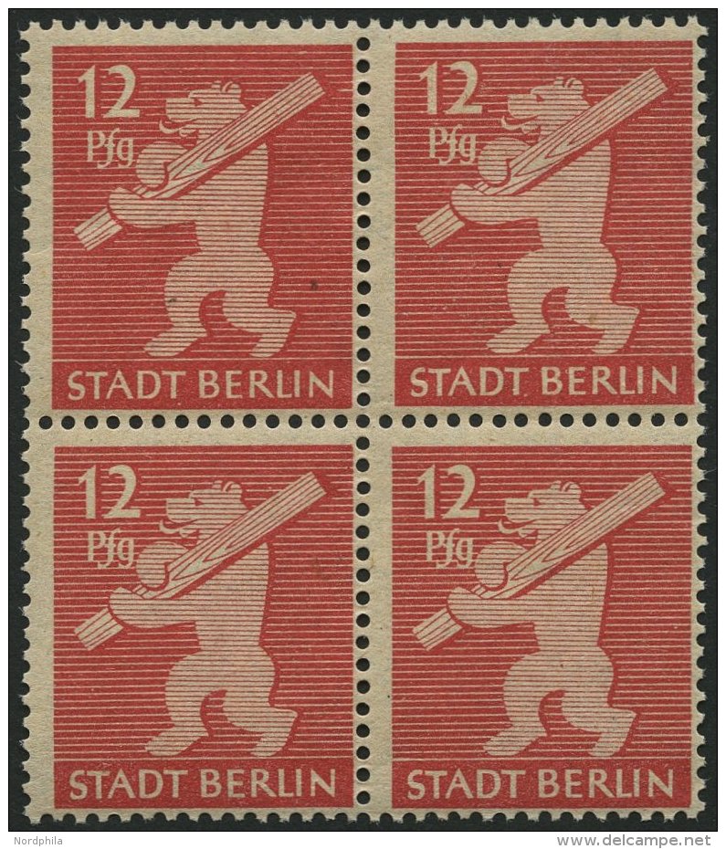 BERLIN UND BRANDENBURG 5AAwax VB **, 1945, 12 Pf. Mittelkarminrot, Graurosa Papier, Glatte Gummierung, Im Viererblock, P - Autres & Non Classés