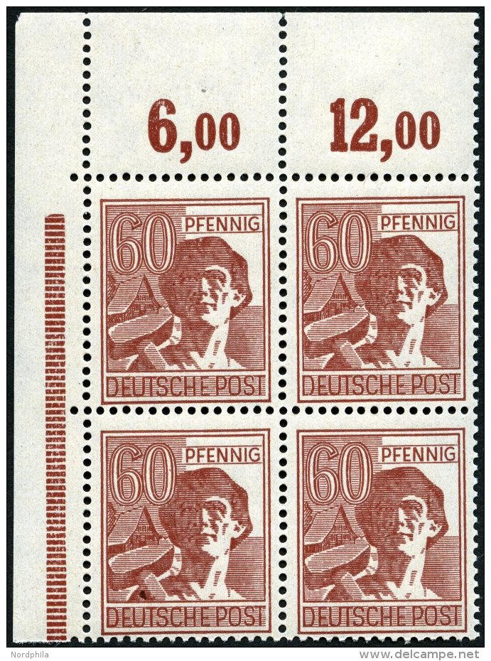 ALLIIERTE BES. A956POR VB **, 1947, 60 Pf. Karminbraun Im Eckrandviererblock, Plattendruck, Oberrand Durchgezähnt, - Autres & Non Classés