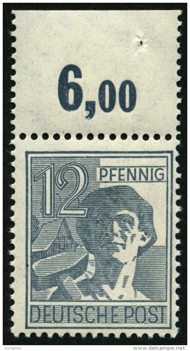 ALLIIERTE BES. 947POR **, 1947, 12 Pf. Dunkelgrautürkis, Plattendruck, Oberrandstück, Durchgezähnt, Prach - Autres & Non Classés