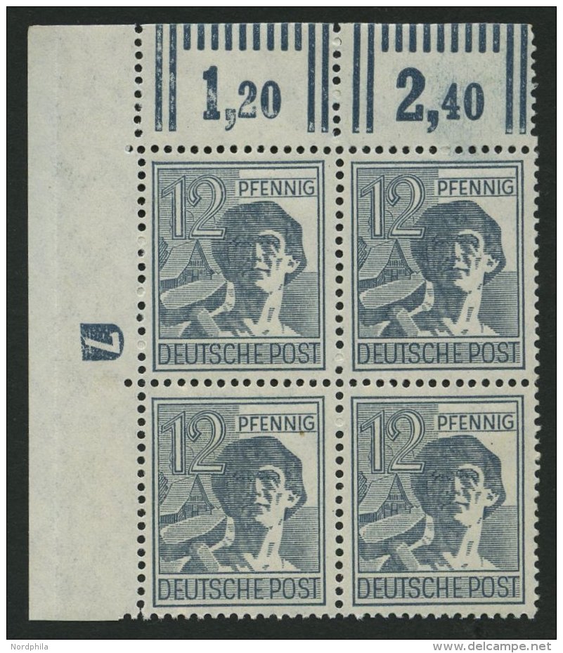 ALLIIERTE BES. 947DZ **, 1947, 12 Pf. Grau Mit Druckereizeichen 7 (negativ) Im Oberen Linken Eckrandviererblock, Pracht - Autres & Non Classés