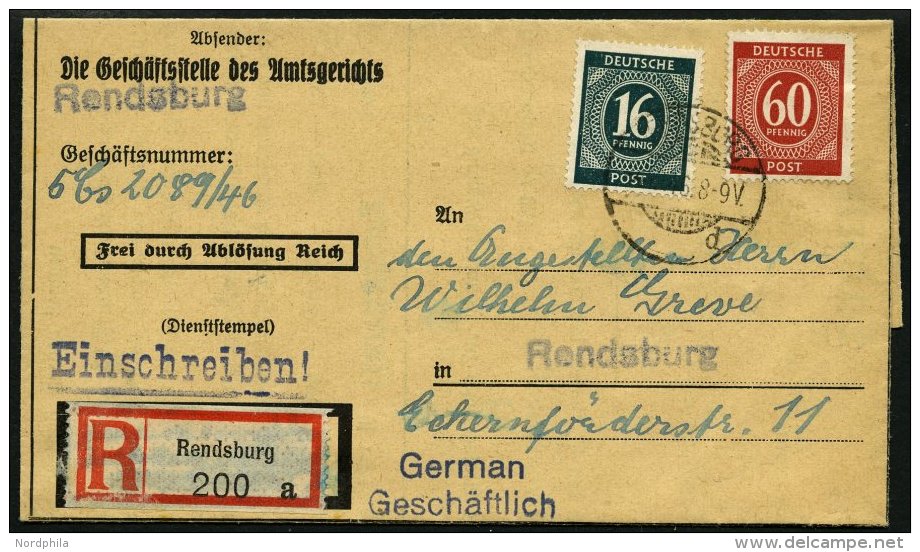 ALLIIERTE BES. 923,933 BRIEF, 1946, 16 Pf. Schwärzlichopalgrün Und 60 Pf. Rot Auf Einschreib-Ladung Des Amtsge - Autres & Non Classés