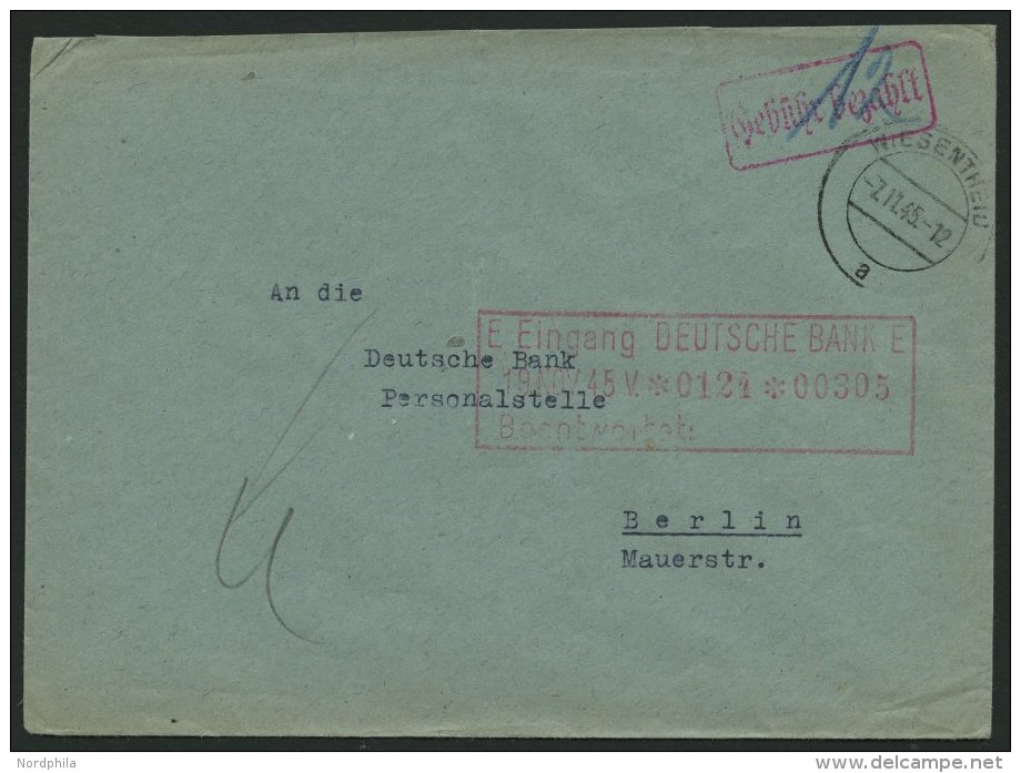 ALL. BES. GEBÜHR BEZAHLT WIESENTHEID, 7.11.45, Roter R1 Gebühr Bezahlt, Bankbrief, Pracht - Autres & Non Classés