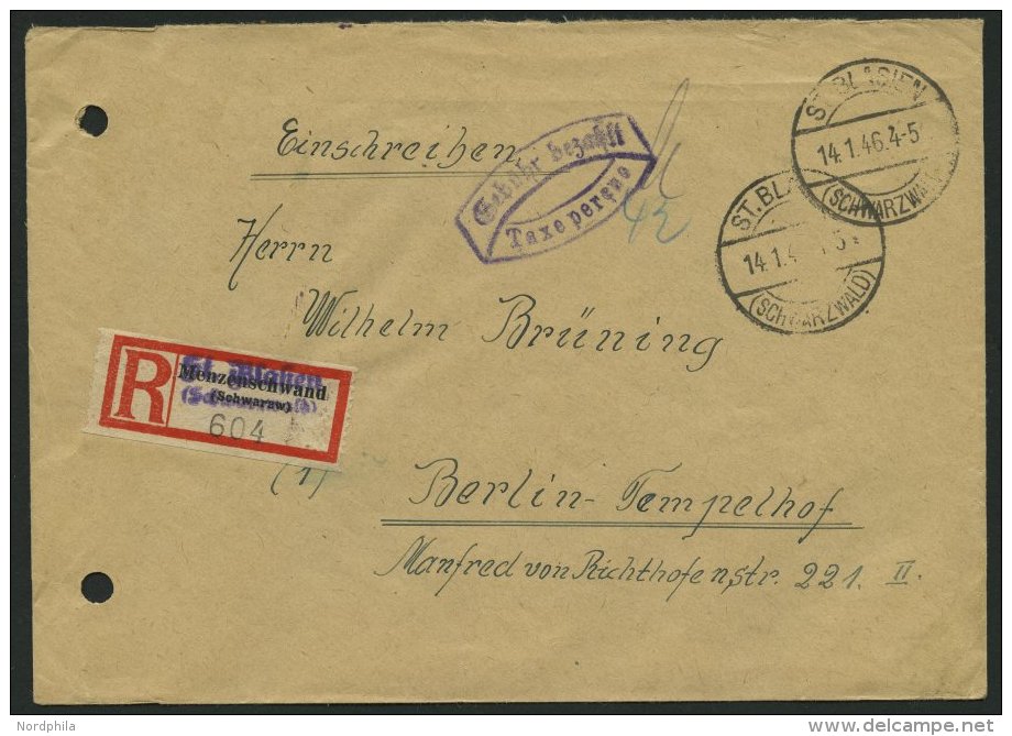 ALL. BES. GEBÜHR BEZAHLT ST.BLASIEN (SCHWARZWALD), 14.1.46, R2 Mit Umrandung Gebühr Bezahlt Taxe Percue , Eins - Autres & Non Classés