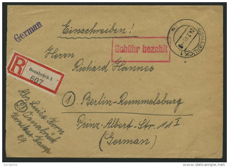 ALL. BES. GEBÜHR BEZAHLT OSNABRÜCK, 04.2.46, Roter R1 Gebühr Bezahlt, Einschreibbrief, Pracht - Autres & Non Classés