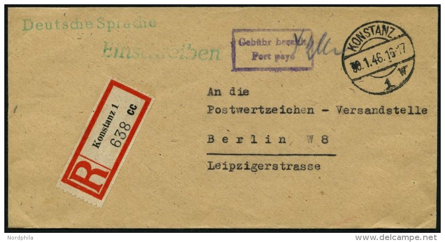 ALL. BES. GEBÜHR BEZAHLT KONSTANZ, 30.1.46, Violetter R2 Gebühr Bezahlt Port Paye, Kleiner Einschreibbrief Nac - Autres & Non Classés