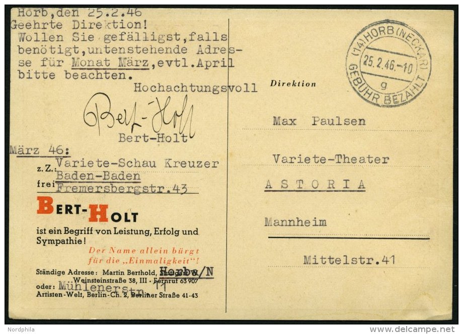 ALL. BES. GEBÜHR BEZAHLT HORB, 25.2.46, K2 GEBÜHR BEZAHLT, Auf Werbekarte Von Bert-Holt, Zahnhang-Jongleur, Pr - Autres & Non Classés