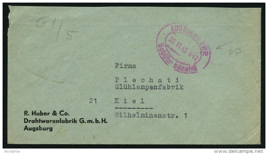 ALL. BES. GEBÜHR BEZAHLT AUGSBURG 2 R.P. Gebühr Bezahlt, 29.11.45, Roter Ellipsenstempel Auf Firmenbrief, Prac - Autres & Non Classés