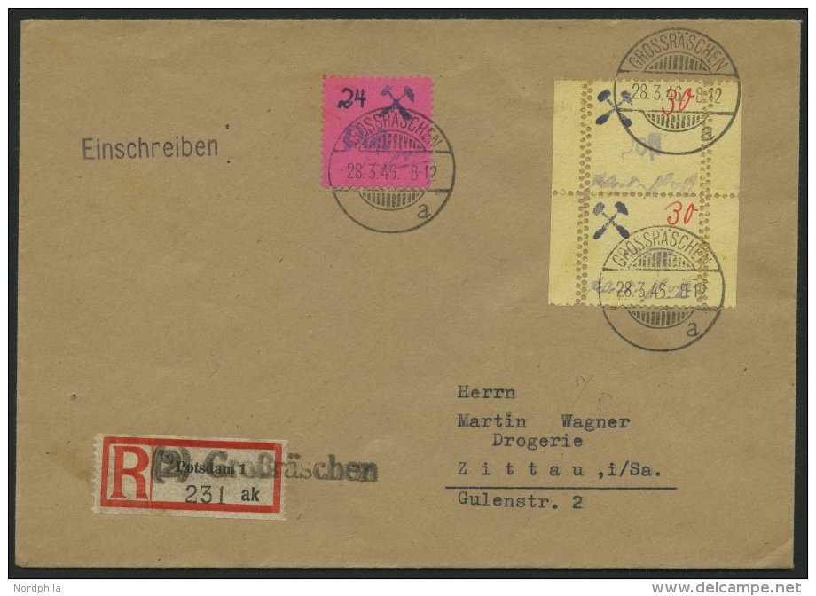 GROSSRÄSCHEN 10S Paar BRIEF, 1946, 30 Pf. Gebührenmarke Aus Streifen Im Senkrechten Paar Mit Beidseitiger Dopp - Postes Privées & Locales