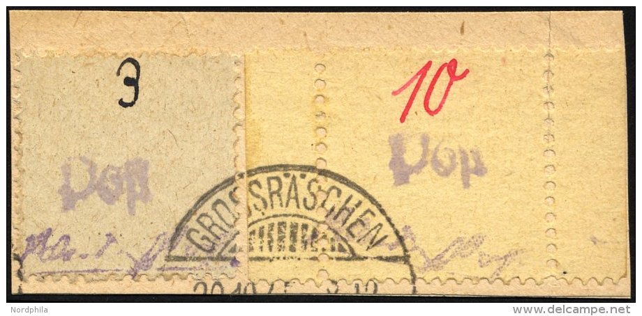 GROSSRÄSCHEN 6S BrfStk, 1945, 10 Pf. Auf Gelb Mit Seitenrändern, Mit 3 Pf. Zusatzfrankatur (Mi.Nr. 1) Auf Brie - Postes Privées & Locales