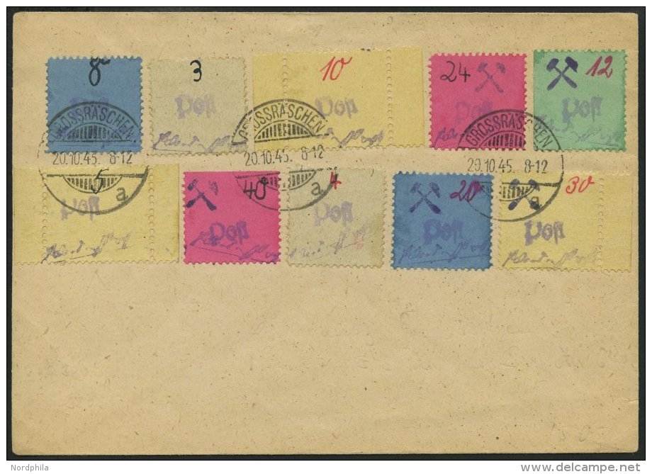 GROSSRÄSCHEN 3S,6S,10S BRIEF, 1945, 5, 10 Und 30 Pf. Gebührenmarken Aus Streifen Mit Anderen Werten Auf Umschl - Correos Privados & Locales