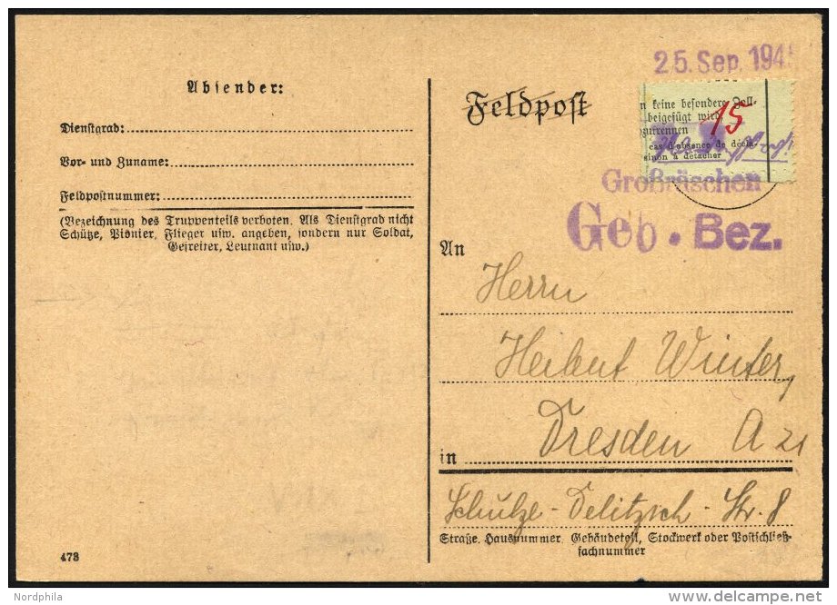 GROSSRÄSCHEN-VORLÄUFER V 11a BRIEF, 1945, 15 Pf. Zollformular, Nur Eine Wertangabe, Auf Philatelistischer Kart - Postes Privées & Locales