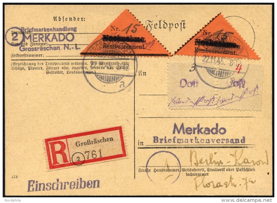 GROSSRÄSCHEN-VORLÄUFER V 2AI BRIEF, 1945, 15 Pf. Schwarz Auf Bräunlichrot, Nachnahme In Antiqua, 2x Mit Z - Postes Privées & Locales