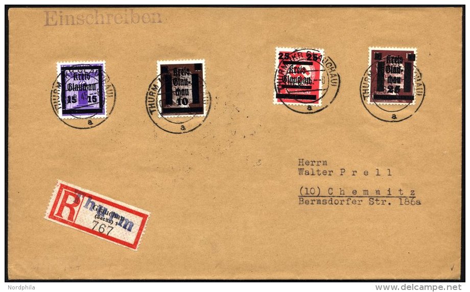 GLAUCHAU 24,37 BRIEF, 1945, 15 Auf 6 Pf. Lebhaftblauviolett Und 25 Auf 12 Pf. Lebhaftrotkarmin Mit Mi.Nr. 2 Und 8 Auf Ei - Postes Privées & Locales