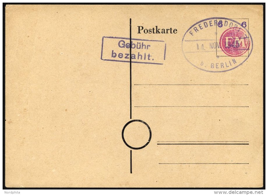 FREDERSDORF PA 02b BRIEF, 1945, Ganzsachenkarte 6 Pf. (FM Rosa Und Wertziffer Violett), Blanko Gestempelt, Pracht, R!, F - Postes Privées & Locales