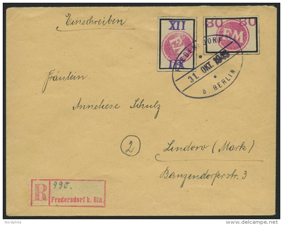 FREDERSDORF Sp 229/30 BRIEF, 1945, 8 Und XII Pf., Rahmengröße 28x19 Mm, Große Wertziffer, Auf Einschrei - Postes Privées & Locales