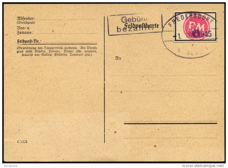 FREDERSDORF Sp 227FIV BRIEF, 1945, 6 Pf., Rahmengröße 28x19 Mm, Große Wertziffern, Mit Abart Wertziffer - Postes Privées & Locales