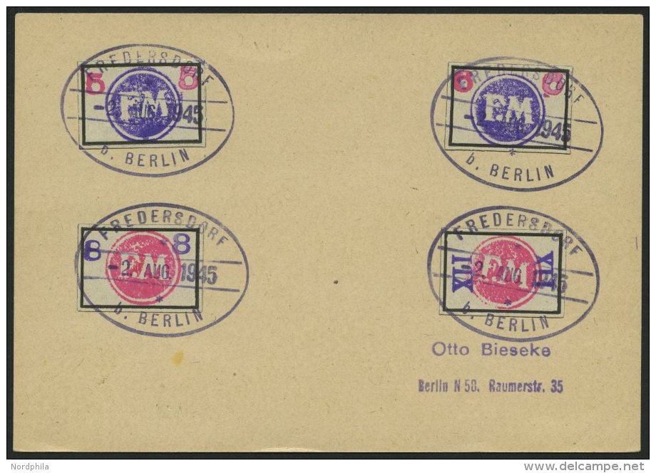 FREDERSDORF Sp 226-29 BRIEF, 1945, 5 - XII Pf., Rahmengröße 28x19 Mm, Große Wertziffern, Auf Karte Mit - Postes Privées & Locales