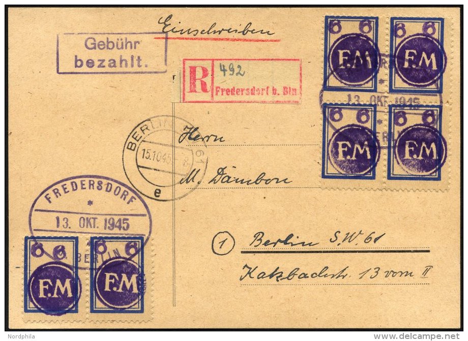 FREDERSDORF Sp 206 VB BRIEF, 1945, 6 Pf., Rahmengröße 18x25 Mm, Im Viererblock Und Paar Auf Einschreibkarte, - Correos Privados & Locales