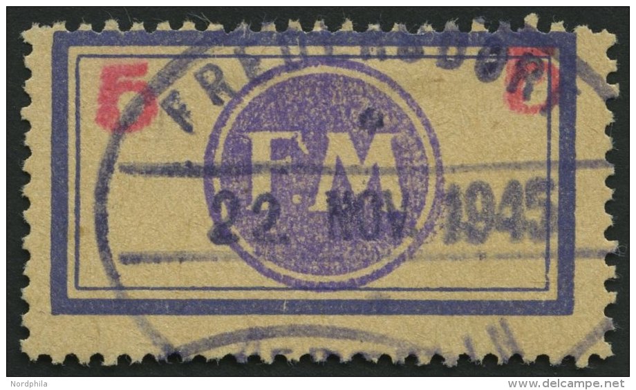 FREDERSDORF Sp 161FII O, 1945, 5 Pf., Rahmengröße 38x21 Mm, Mit Abart Oben Wertziffer Mittelrosa, Aufdruck Bl - Postes Privées & Locales