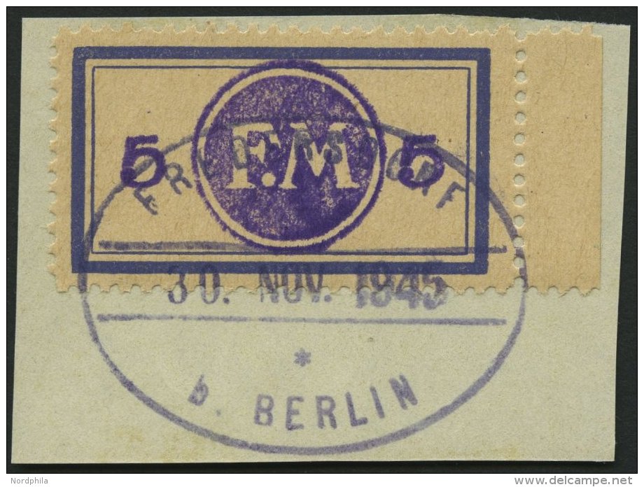 FREDERSDORF Sp 161FI BrfStk, 1945, 5 Pf., Rahmengröße 38x21 Mm, Mit Abart Aufdruck Bläulichviolett, Prac - Postes Privées & Locales