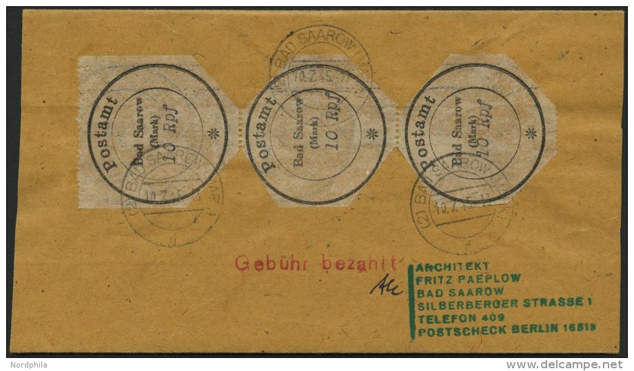 BAD SAAROW 1I Paar BRIEF, 1945, 10 Pf. Postverschlusszettel Im Senkrechten Paar Auf Streifband An F. Paeplow, Mit Rotem - Postes Privées & Locales