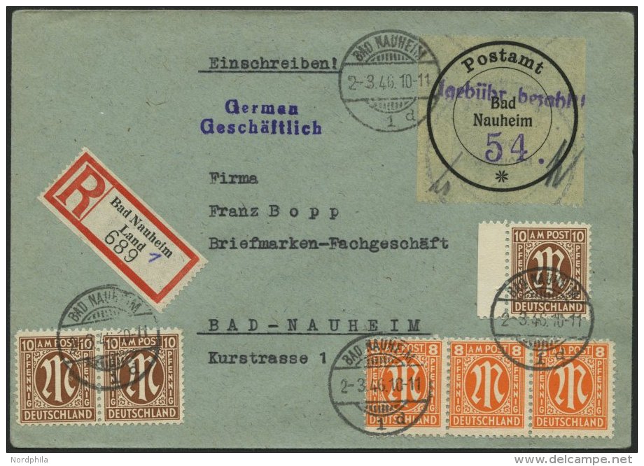 BAD NAUHEIM A 2 BRIEF, 1946, 54 Pf. Schwarz/violett Auf Einschreibbrief Mit 54 Pf. AM-Post, Pracht, Mi. (650.-) - Postes Privées & Locales