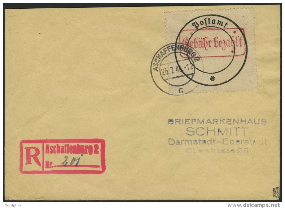 ASCHAFFENBURG 1 BRIEF, 1946, Postverschlusszettel Schwarz/rot Auf Einschreibbrief, Pracht, Gepr. U.a. Zierer, Mi. 700.- - Altri & Non Classificati