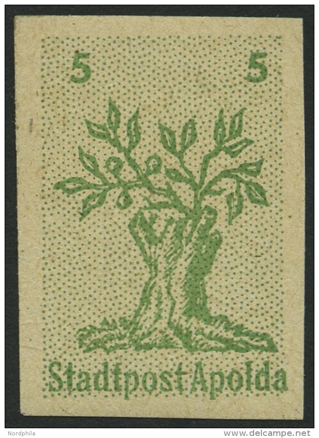 APOLDA 1IIU **, 1945, 5 Pf. Grün, Bögen Nach Unten, Ungezähnt, Pracht, Gepr. Sturm, Mi. 65.- - Postes Privées & Locales