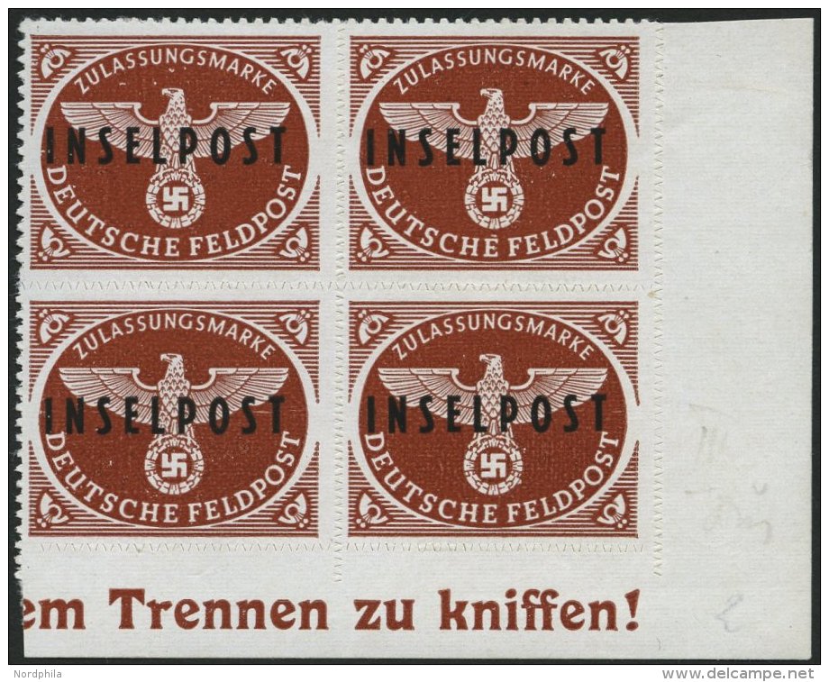 FELDPOSTMARKEN 9 VB **, 1944, Insel Rhodos Lebhaftbraunrot Im Postfrischen Rechten Unteren Eckrandviererblock, Pracht, R - Occupation 1938-45