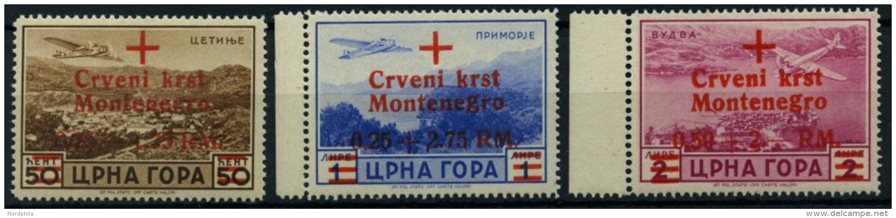 MONTENEGRO 33-35 **, 1944, 50 C. - 2 L. Rotes Kreuz, 3 Prachtwerte, Mi. 135.- - Occupation 1938-45