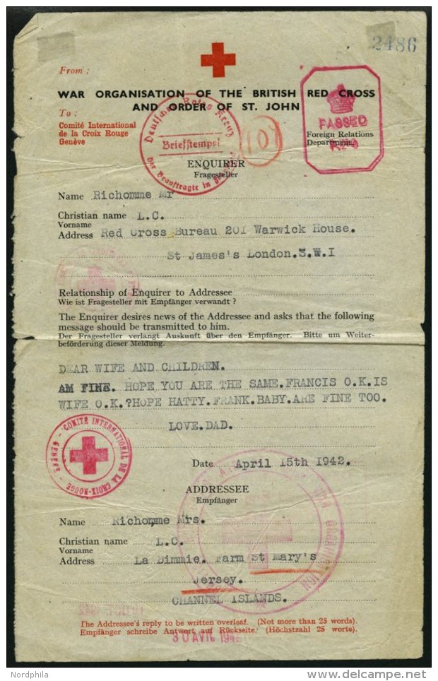 JERSEY 1942, Rotes Kreuz-Brief Mit Rückseitiger Antwort, Diverse Stempel Und Zensuren, Feinst - Occupazione 1938 – 45