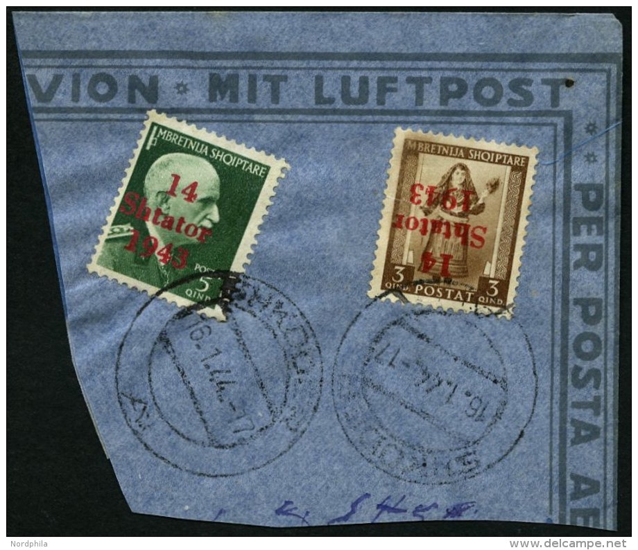 ALBANIEN 3K BrfStk, 1943, 3 Q. Schwärzlichgelbbraun Mit Kopfstehendem Aufdruck Und Zusatzfrankatur Auf Bedarfsbrief - Occupation 1938-45