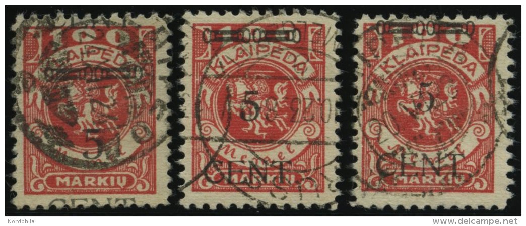 MEMELGEBIET 180I-III O, 1923, 5 C- Auf 100 M. Dunkelrosa, Type I-III, 3 Werte Feinst/Pracht, Gepr. Huylmans - Memel (Klaïpeda) 1923