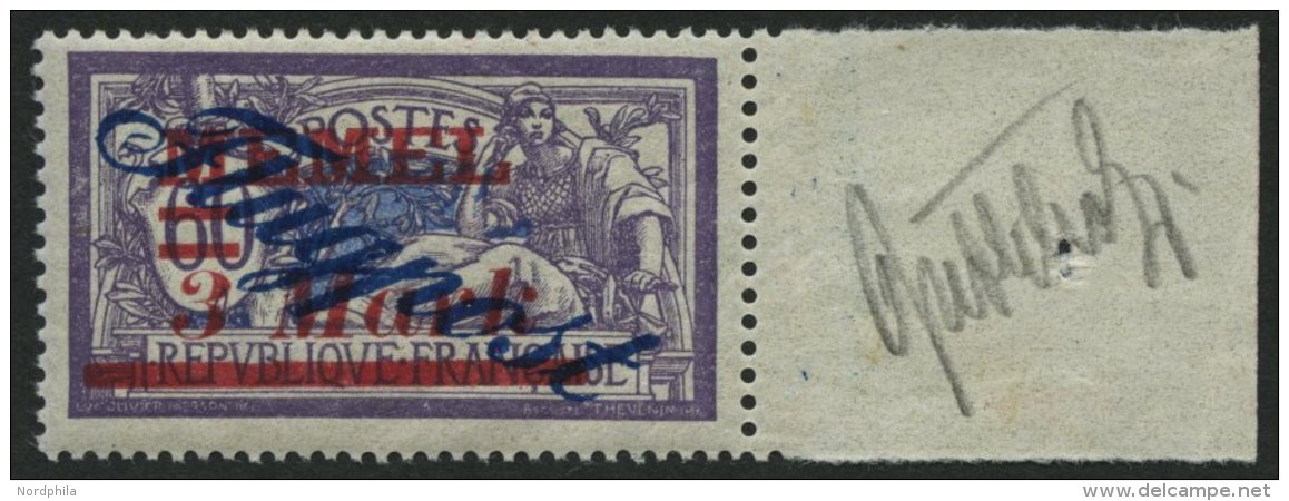 MEMELGEBIET 79 *, 1922, 3 M. Auf 60 C. Dunkelgrauviolett/kobalt Mit Breitem Rechten Rand, Falzrest, Pracht - Klaipeda 1923