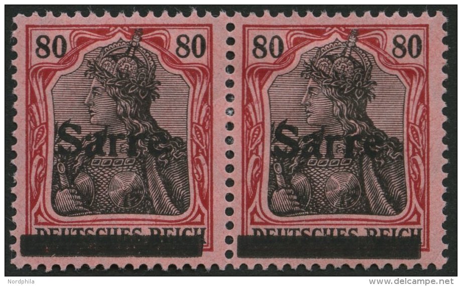 SAARGEBIET 16INI/OI *, 1920, 80 Pf. Karminrot/grauschwarz Auf Mittelgraurot, Type I, Im Waagerechten Paar Mit Plattenfeh - Autres & Non Classés