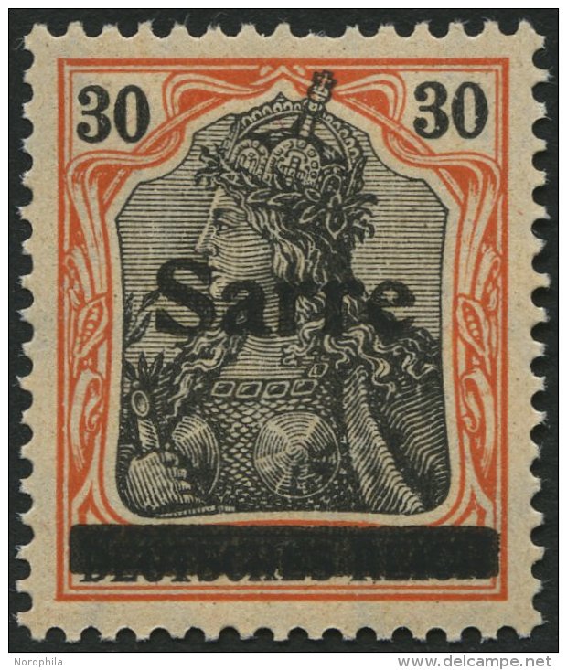 SAARGEBIET 10yI *, 1920, 30 Pf. Dunkelrotorange/schwarz Auf Orangeweiß, Type I, Falzreste, Ein Kurzer Zahn Sonst P - Autres & Non Classés