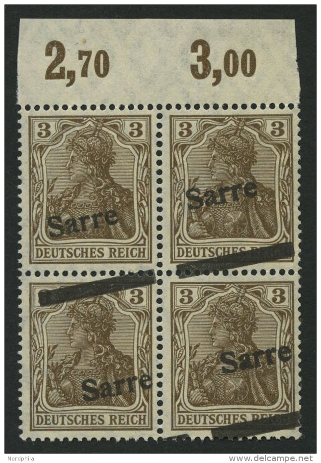 SAARGEBIET 3I F IV VB **, 1920, 3 Pf. Dunkelockerbraun, Type I, Diagonaler Aufdruck Im Oberrandviererblock, Pracht, R!, - Other & Unclassified